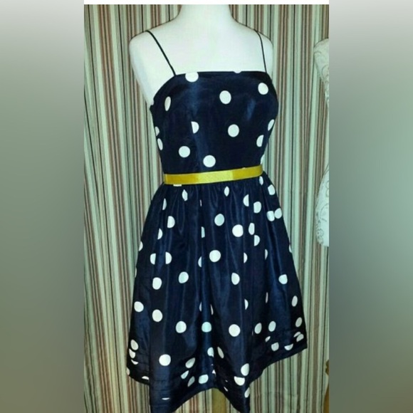 Navy blue Polka Dot Dress with Yellow Accent - Picture 1 of 4